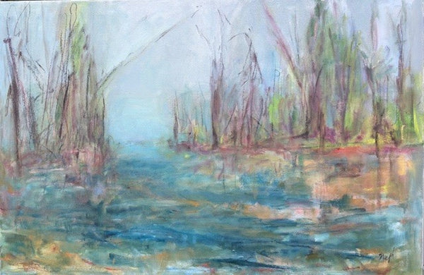 Abstract painting of a landscape with water and trees
