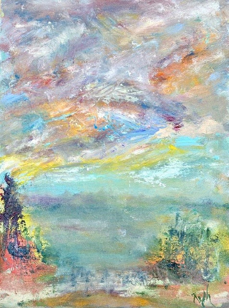 Abstract landscape painting with colorful skies and trees