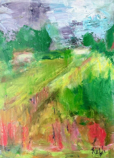 Abstract landscape painting with green, red, and blue colors