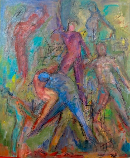 Abstract artwork with colorful figures in a dynamic pose