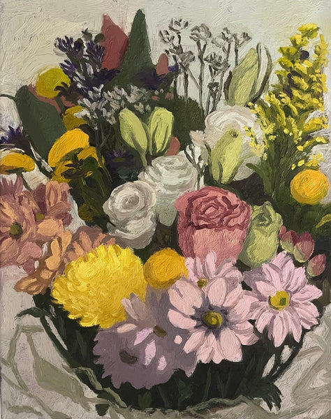 Still life oil painting of a colorful bouquet of flowers