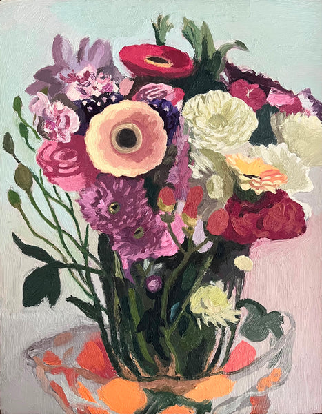 Oil painting of a colorful bouquet of flowers in a glass vase on a light background