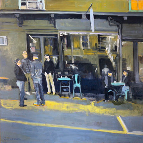 Painting of people gathered outside a building with a yellow awning.