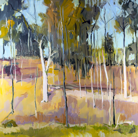 Abstract landscape painting with trees and a path