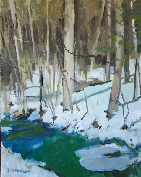 Oil painting of a winter forest scene with snow-covered trees and a stream.