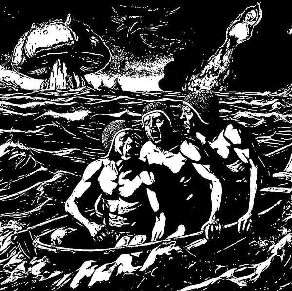 Black and white illustration of three people in a boat with a large creature in the background.