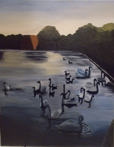 Artistic depiction of swans on a lake with trees in the background