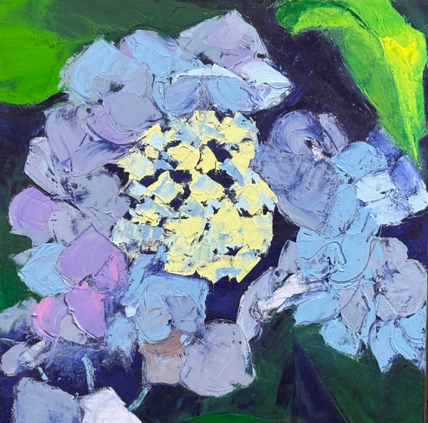 Oil panting of blue flowers with a yellow center on a green background