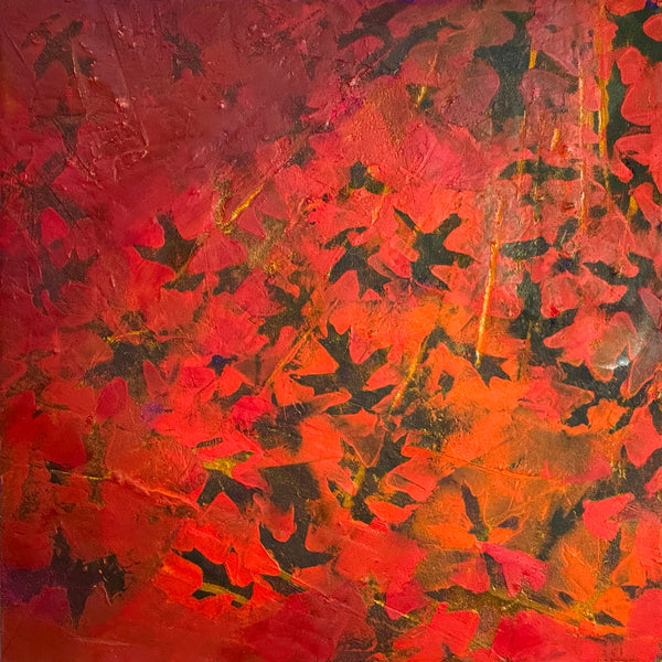 Abstract oil painting with red, orange, and black leaf shapes on a textured surface
