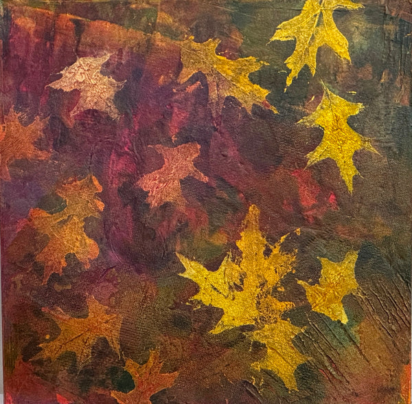 Oil painting of autumn leaves in red, yellow, and brown on a textured background