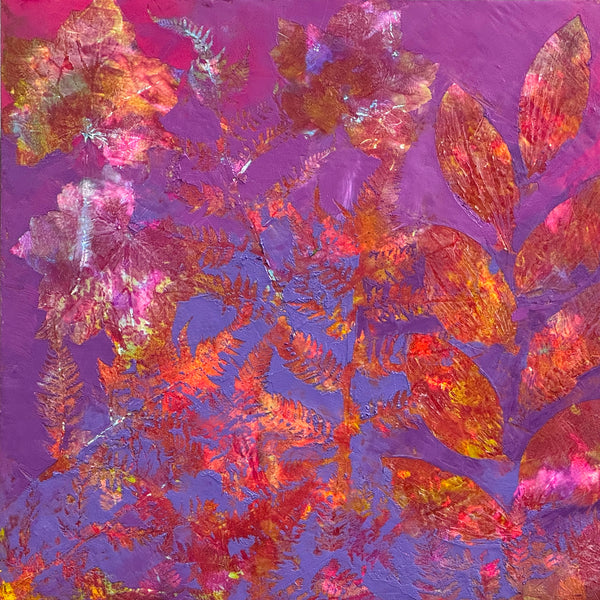 Abstract oil painting with colorful leaf-like shapes on a purple background