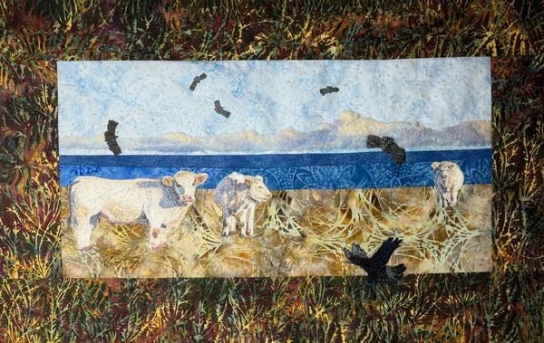 Cows and Crows, fabric, machine embroidery and felting artwork by Cerulean Arts Collective Member Marguerite Heilman