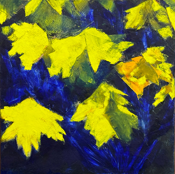 Painting of yellow leaves on a dark blue background