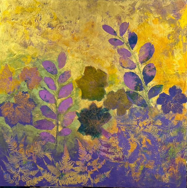 Oil and cold wax painting of leaves and flowers on a textured gold and purple background