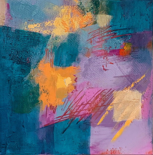 Abstract oil painting with vibrant colors and brush strokes on a textured surface