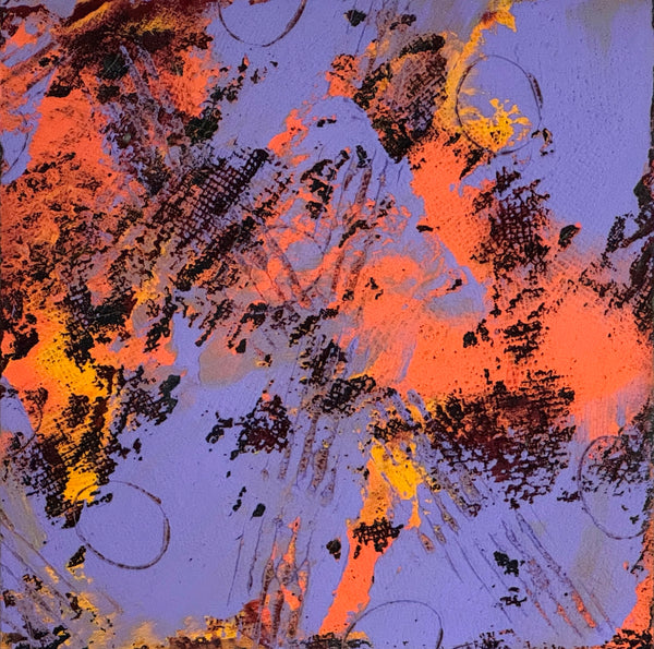 Abstract oil painting with orange, black, and purple colors on a textured surface.