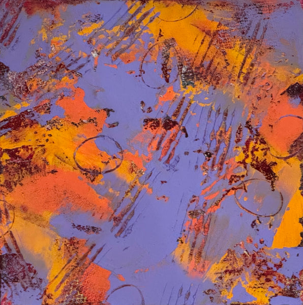 Abstract painting with orange, purple, and yellow colors