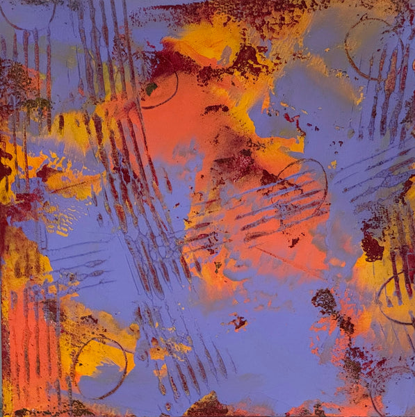 Abstract painting with orange, yellow, and purple colors on a textured background