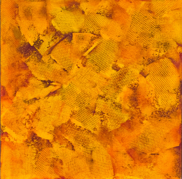 Abstract oil and cold wax painting in yellow and golden tones with different textures.