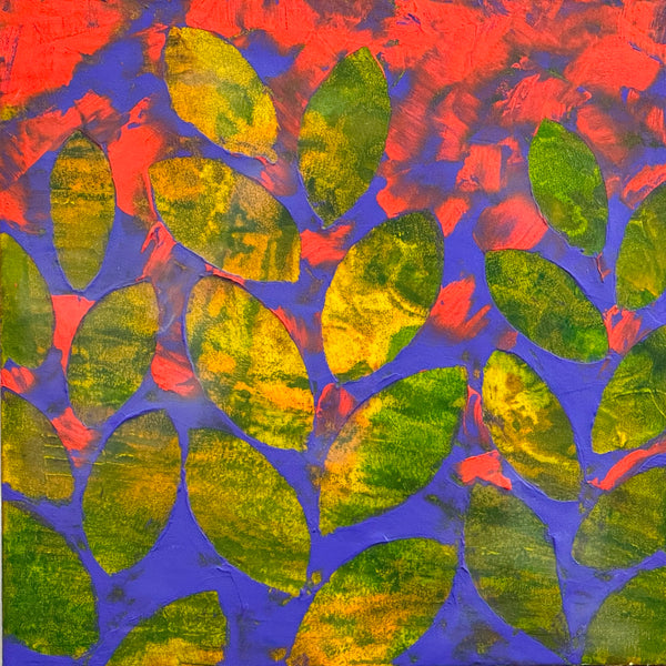 Abstract oil painting with green and yellow leaf shapes on a red and blue background