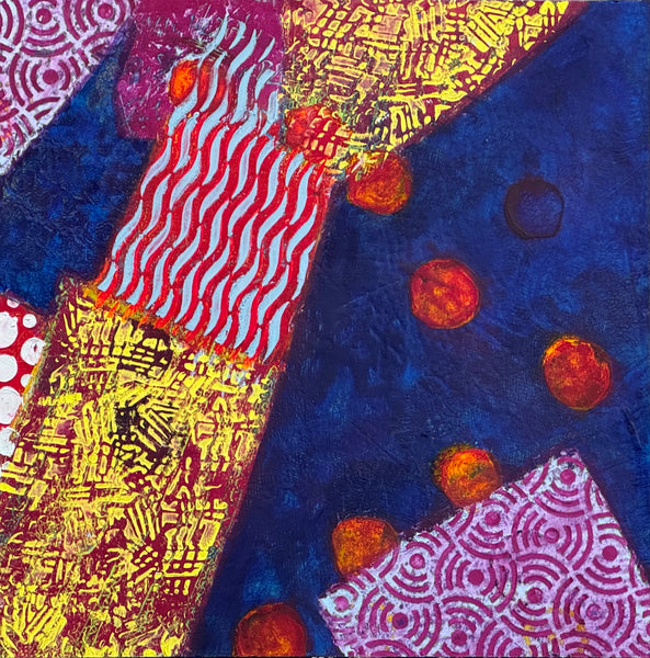 Abstract oil painting with colorful patterns and shapes