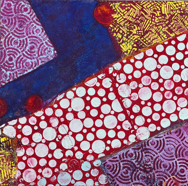 Abstract oil painting with colorful patterns and shapes
