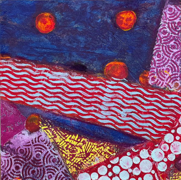Abstract oil painting with wavy red lines, orange circles, and patterned shapes on a blue background.