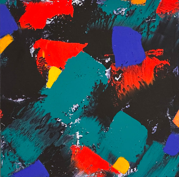 Abstract oil painting with colorful geometric shapes on a dark background