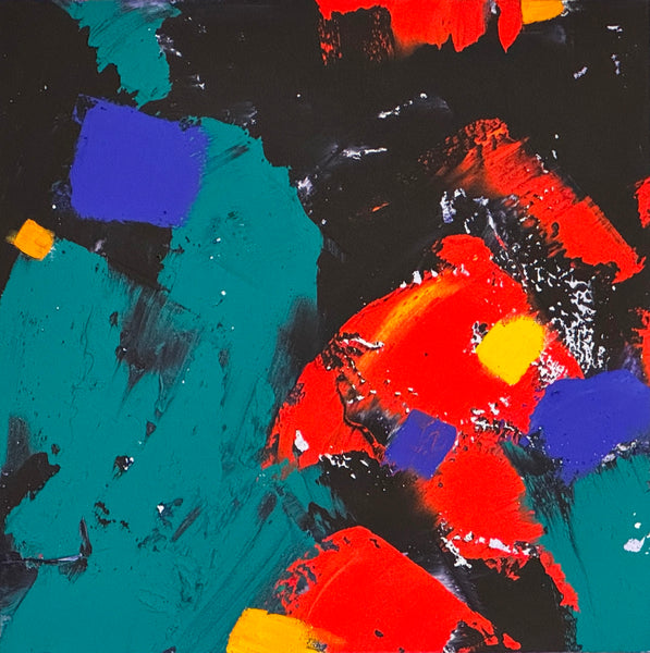 Abstract oil painting with colorful brush strokes on a black background