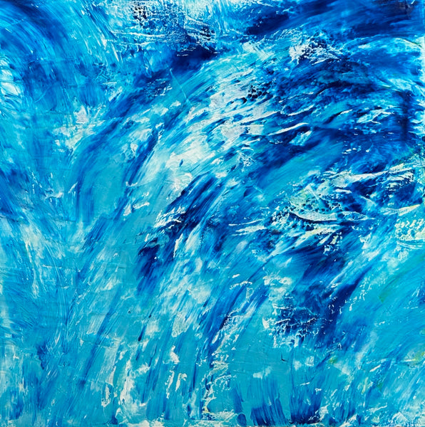 Abstract painting of swirling blue and white colors