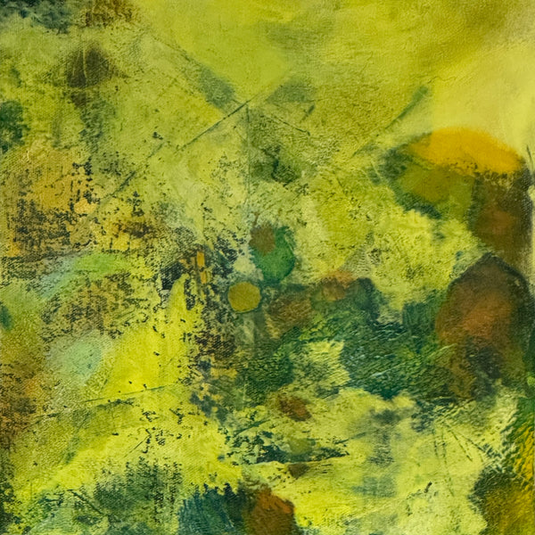 Abstract mixed-media painting featuring a textured blend of yellow, olive green, and dark brown tones with expressive brushstrokes and splatters.