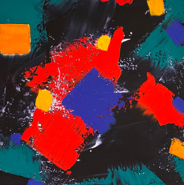 Abstract oil painting with bold colors on a dark background