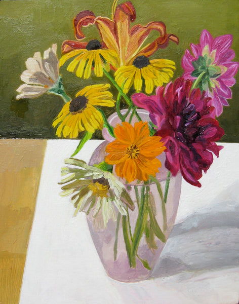 Late Summer Flowers, oil on panel still life painting by Philadelphia artist Elizabeth Heller