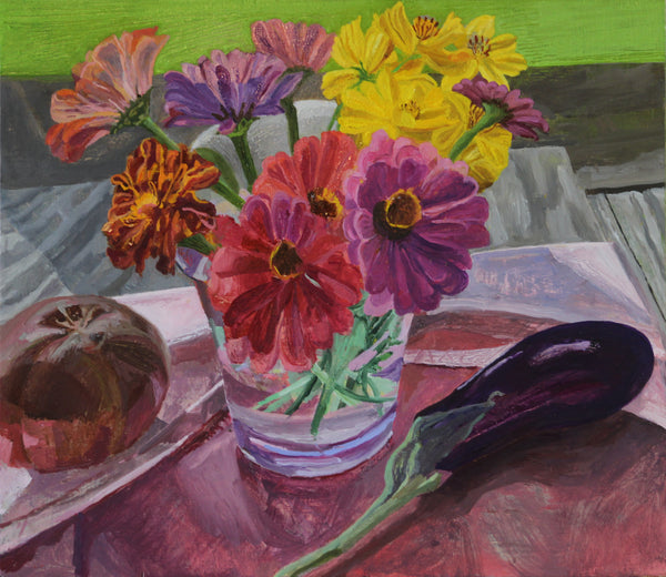 On the Porch, oil on panel still life painting by Philadelphia artist Elizabeth Heller