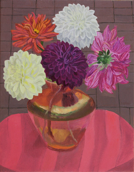 Peter's Dahlias, oil on canvas still life painting by Philadelphia artist Elizabeth Heller