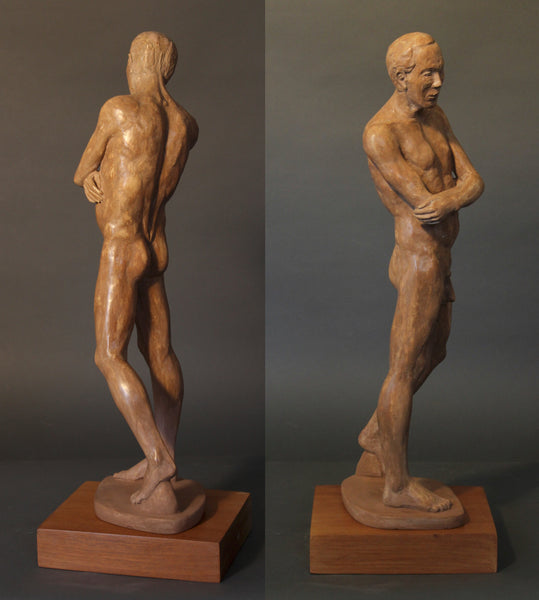 Portrait of a Man (Two Views), cast Hydro-Stone with casein patina on mahogany base sculpture by Philadelphia artist Elizabeth Heller