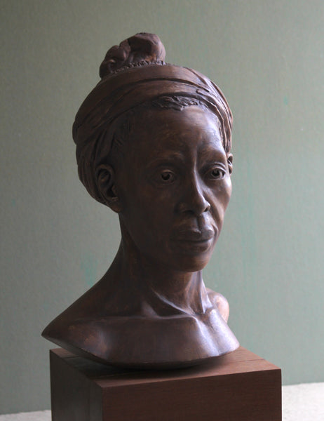 Portrait of Carol, cast hydrostone with shellac &amp; oil patina on mahogany base sculpture by Philadelphia artist Elizabeth Heller