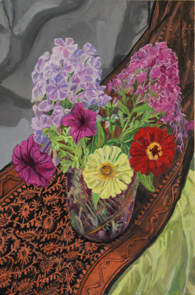 Still Life with Indian Scarf, oil on panel still life painting by Philadelphia artist Elizabeth Heller.