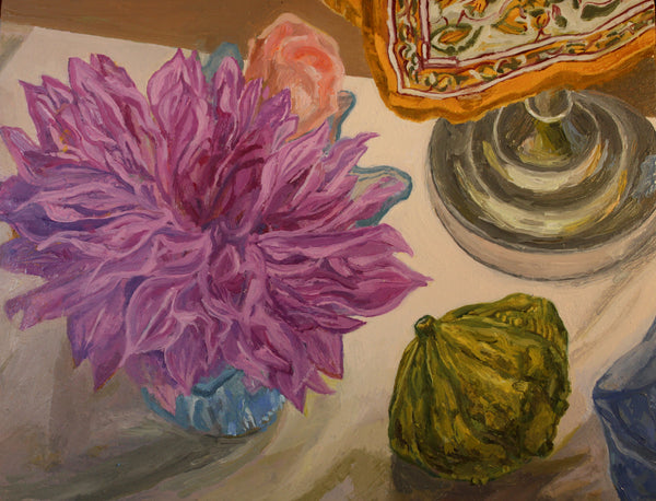 Still Life with Lavender Dahlia, oil on panel still life painting by Philadelphia artist Elizabeth Heller.