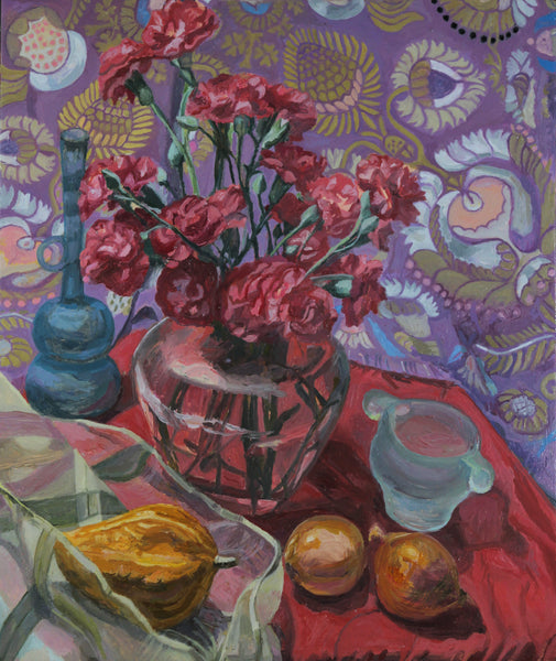 Still Life with Red Carnations, oil on canvas still life painting by Philadelphia artist Elizabeth Heller