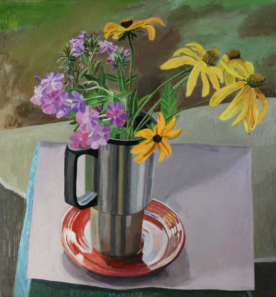 Still Life with Yellow Daisies, oil on panel still life painting by Philadelphia artist Elizabeth Heller.