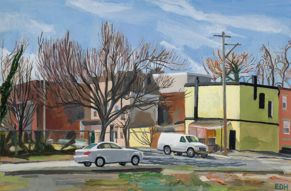 The Unpruned Tree, North Philadelphia, oil on panel landscape painting by Philadelphia artist Elizabeth Heller