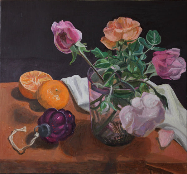 Peter's Dahlias, oil on canvas still life painting by Philadelphia artist Elizabeth Heller