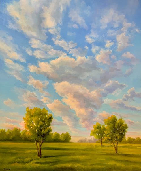 Painting of a landscape with trees and a colorful sky