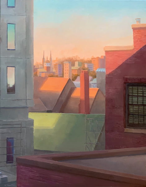 Back Bay Sunrise, oil on linen panel painting by Cerulean Arts Collective Member Kimberly Hoechst.