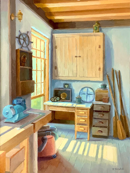 Boat Builder's Workshop, oil on panel painting by Cerulean Arts Collective Member Kimberly Hoechst.