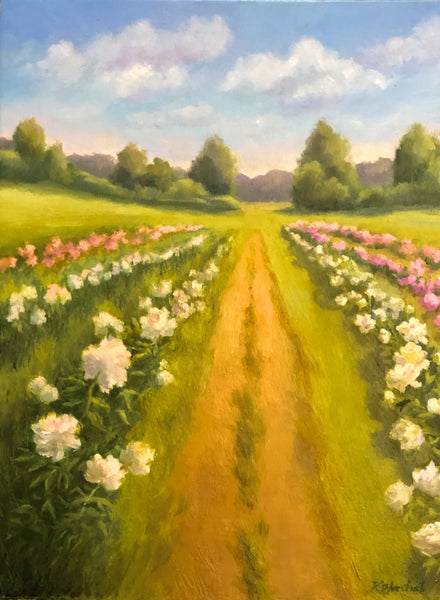 Painting of a path through a field of flowers with trees in the background