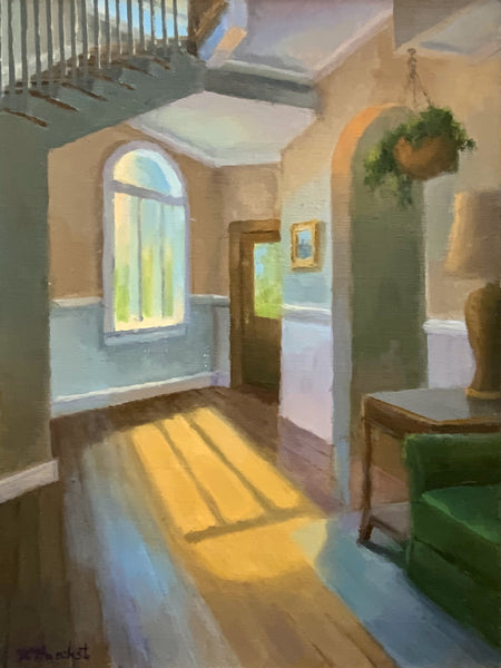 Painting of a sunlit room with a green chair, lamp, and window.