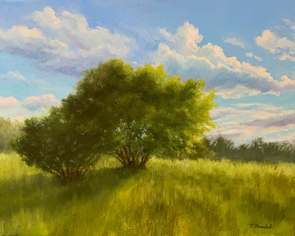 Painting of a tree in a field with a colorful sky