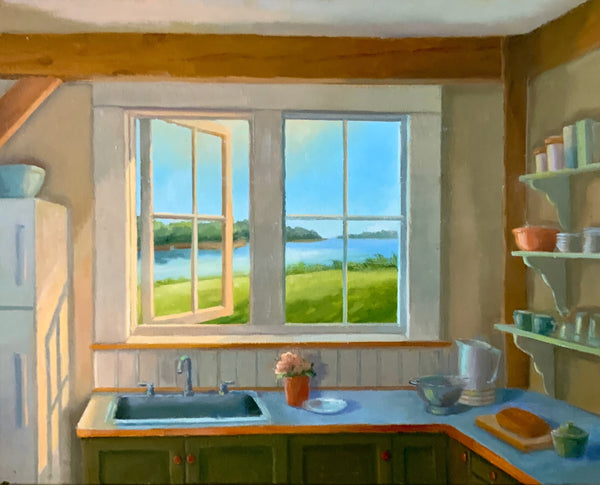 Maine Cottage Kitchen, oil on linen painting by Cerulean Arts Collective Member Kimberly Hoechst.
